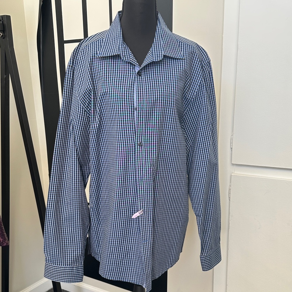 Saks Fifth Avenue Navy Checkered Button Down Shirt